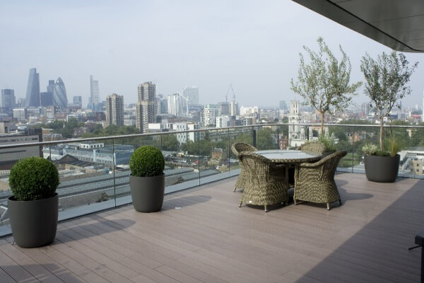 London roof terrace Fibrecement designer planters buxus balls