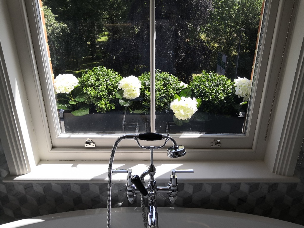 Artificial Buxus balls in polystone window box London Planters